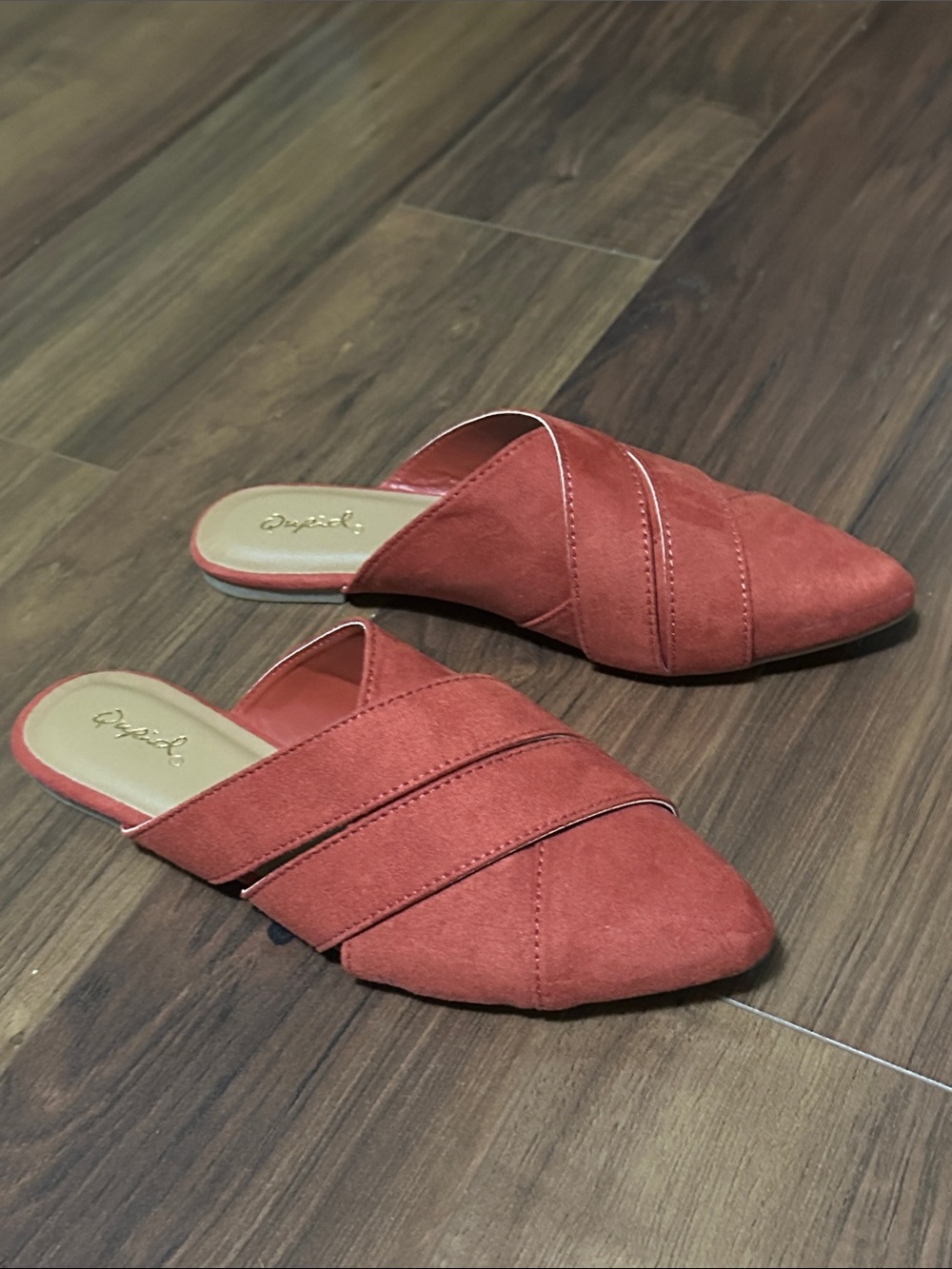 Qupid Women's Pointed Slip-On Mules in Rust